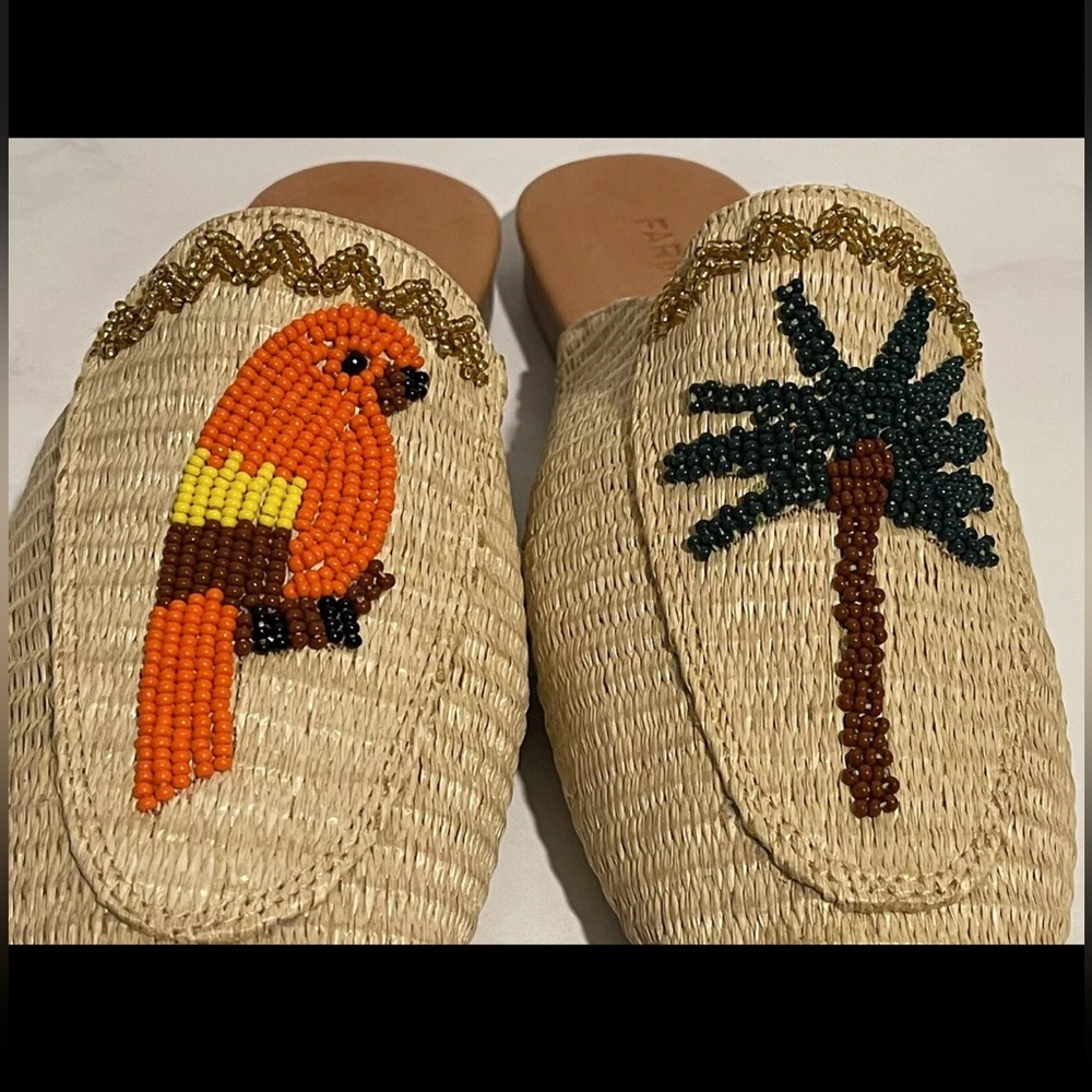 Farm Rio MACAW Womens 7 Tropical Raffia Mules Straw Embroidered Flats Shoes - Picture 6 of 16